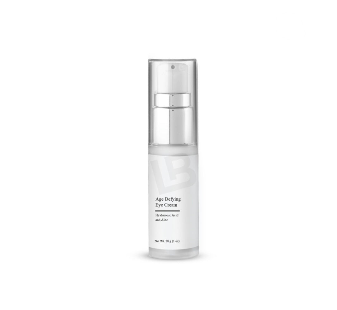 Skincare bottle labeled 'Age Defying Eye Cream' on a white background