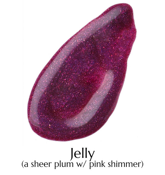 Sheer plum nail polish with pink shimmer on a white background