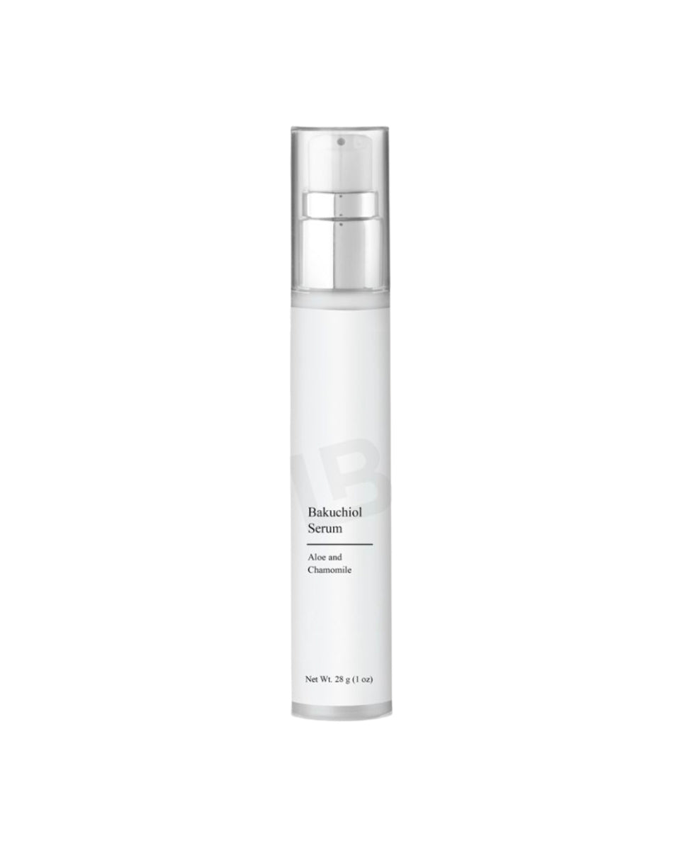 Skincare serum bottle with silver cap on a white background