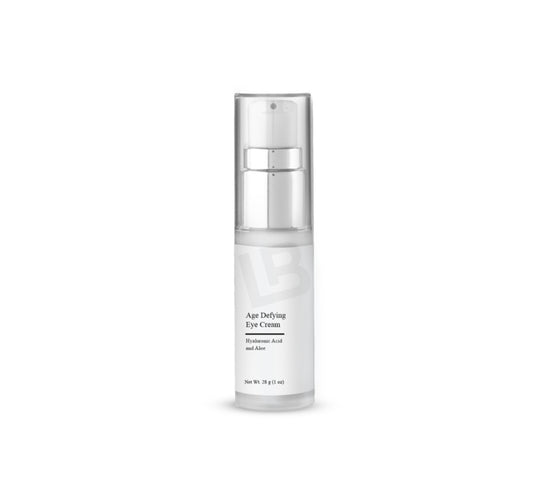 Skincare bottle labeled 'Age Defying Eye Cream' on a white background