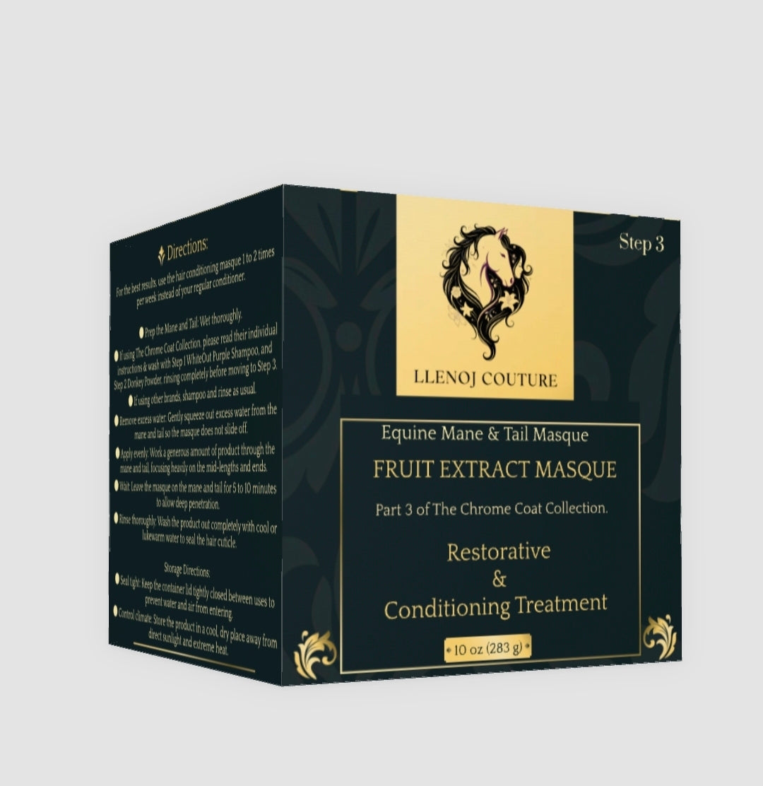 A boxed hair treatment product shown on a plain light gray background. The package is predominantly black with a large gold panel and gold text reading 'LLENOJ COUTURE' and 'Equine Mane & Tail Masque Fruit Extract Masque Part 3 of the Chrome Coal Collection Restorative & Conditioning Treatment.