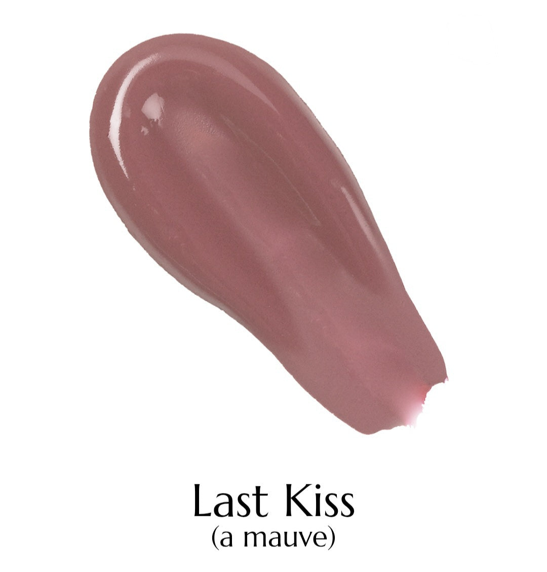 Lipstick swatch labeled 'Last Kiss (a mauve)' on a white background
