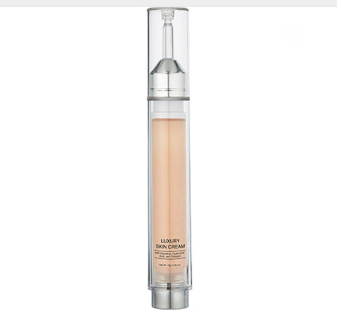 Skincare bottle labeled 'Luxury Skin Cream' on a white background