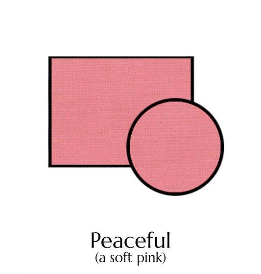 Color swatch of 'Peaceful' soft pink with a square and circle shape on a white background.