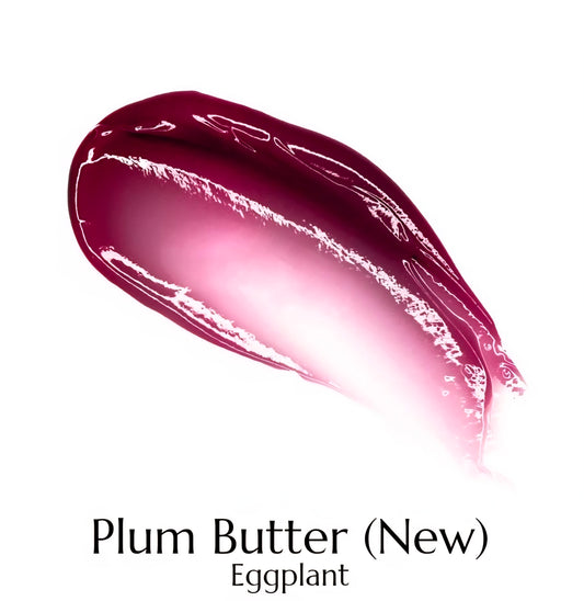 Lipstick swatch labeled 'Plum Butter (New) Eggplant' on a white background