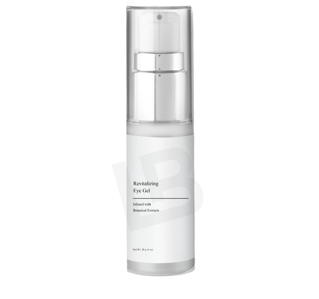 Skincare bottle labeled 'Revitalizing Eye Gel' on a white background