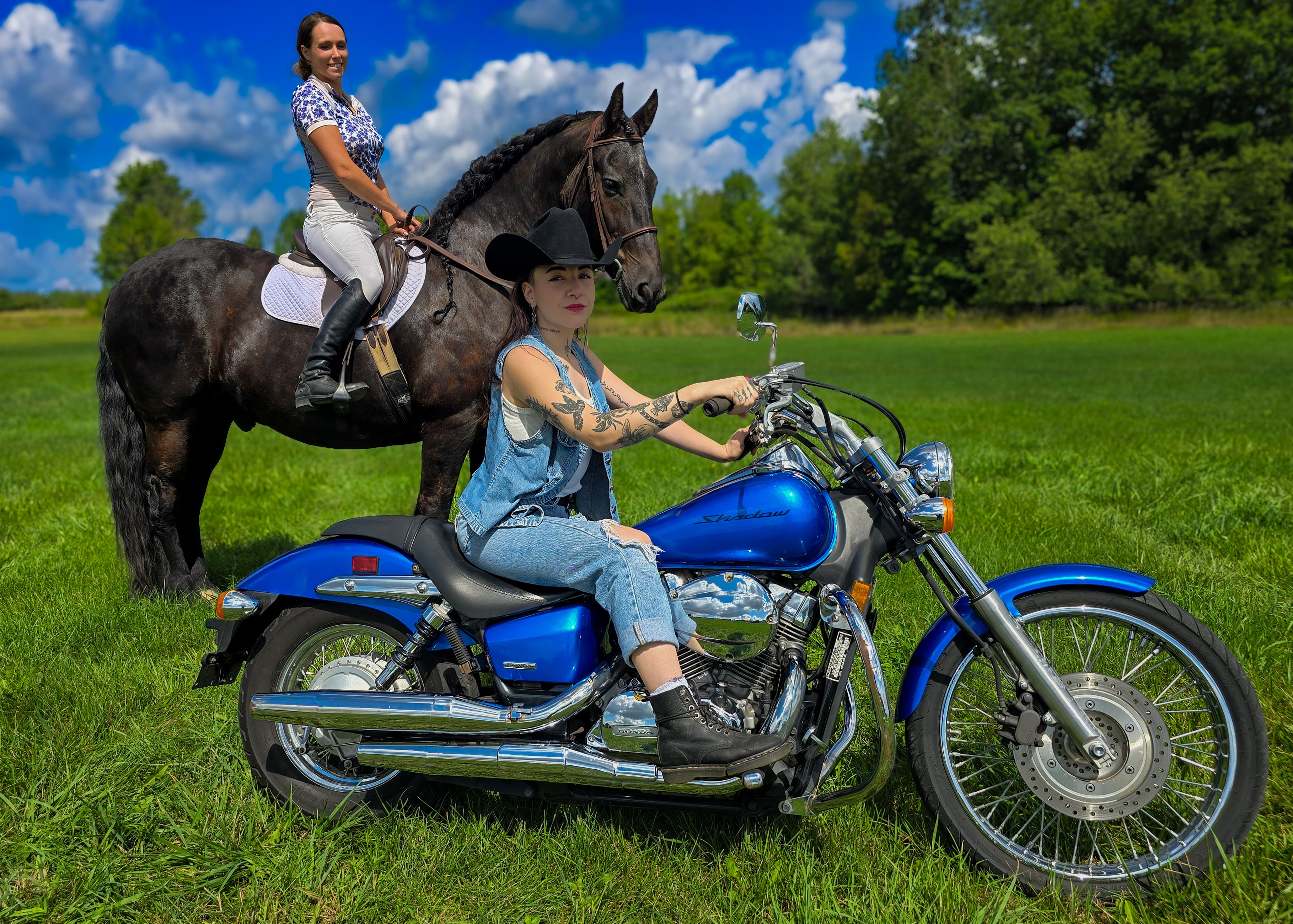 Two models, modeling with a horse and motorcycle wearing our products 