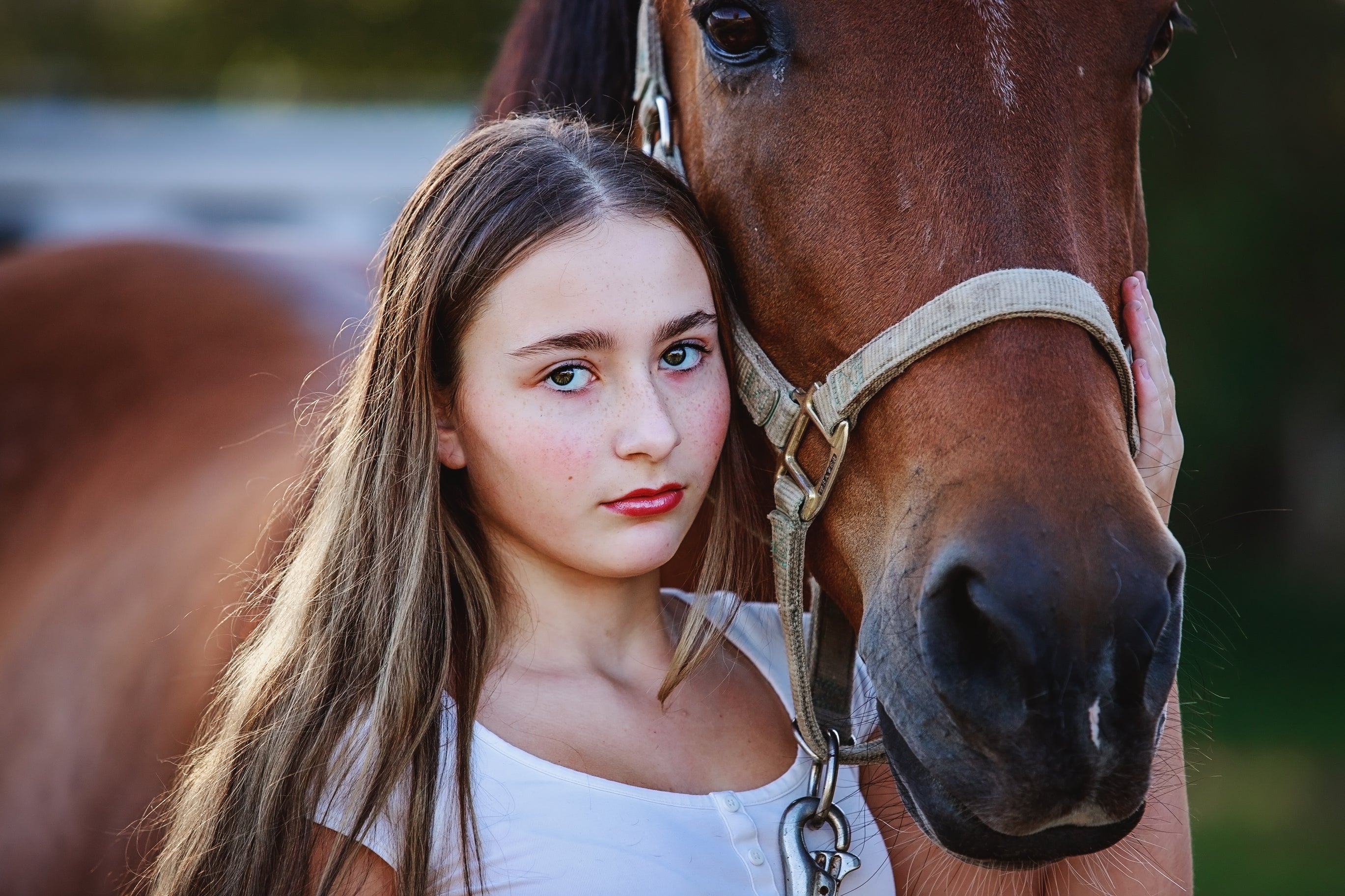 Young girl with a horse, close-up of their faces.